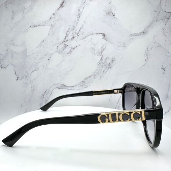 New GUCCI Sunglasses Black Acetate Pilot Aviator 58mm Navigator Gold Metal Logo - Picture 3 of 16